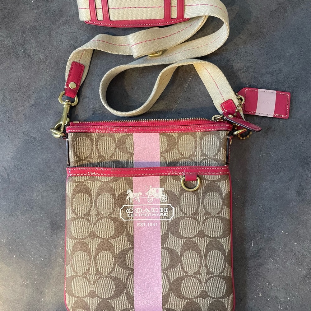 Coach Pink and Tan Crossbody Bag with matching wallet and card case